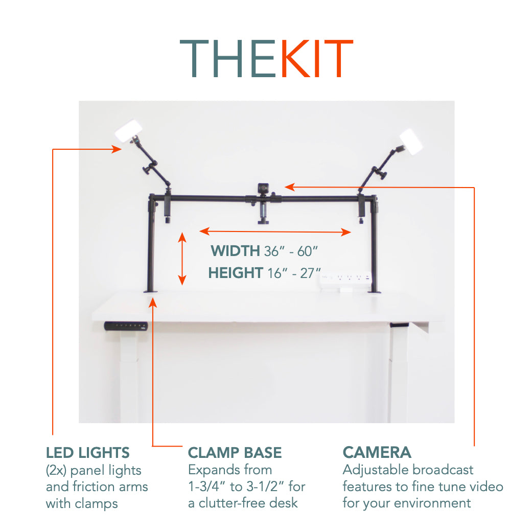 Our custom n-shaped telescoping tube assembly with clamp base fits nearly any desk size with adjustable height / width 1" tubing assembly - so you can keep your professional conferencing technology in reach without it cluttering your desktop.